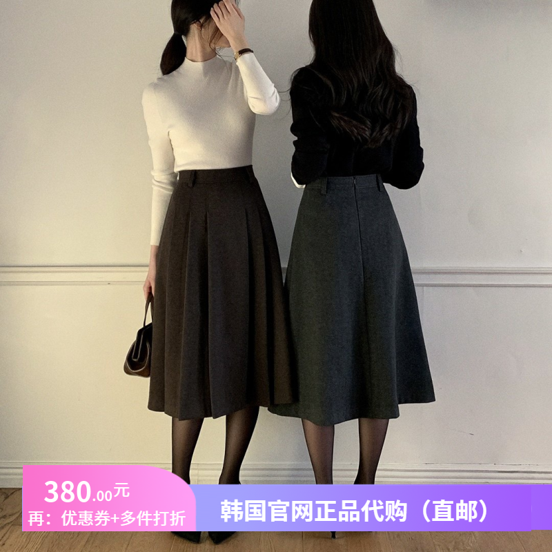 韩式百褶半身裙中长款加绒女attrangs正品韩国代购春秋大摆a字裙
