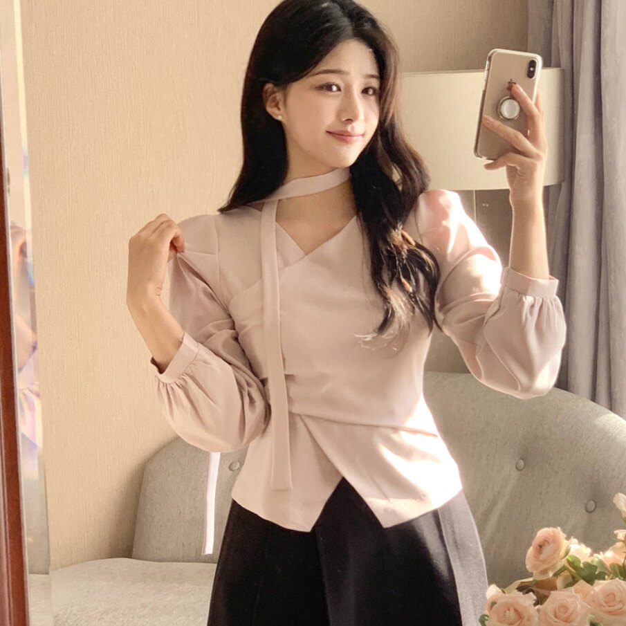 26春秋少女感衬衫v领系带长袖女装fromdayone韩国代购好看短上衣
