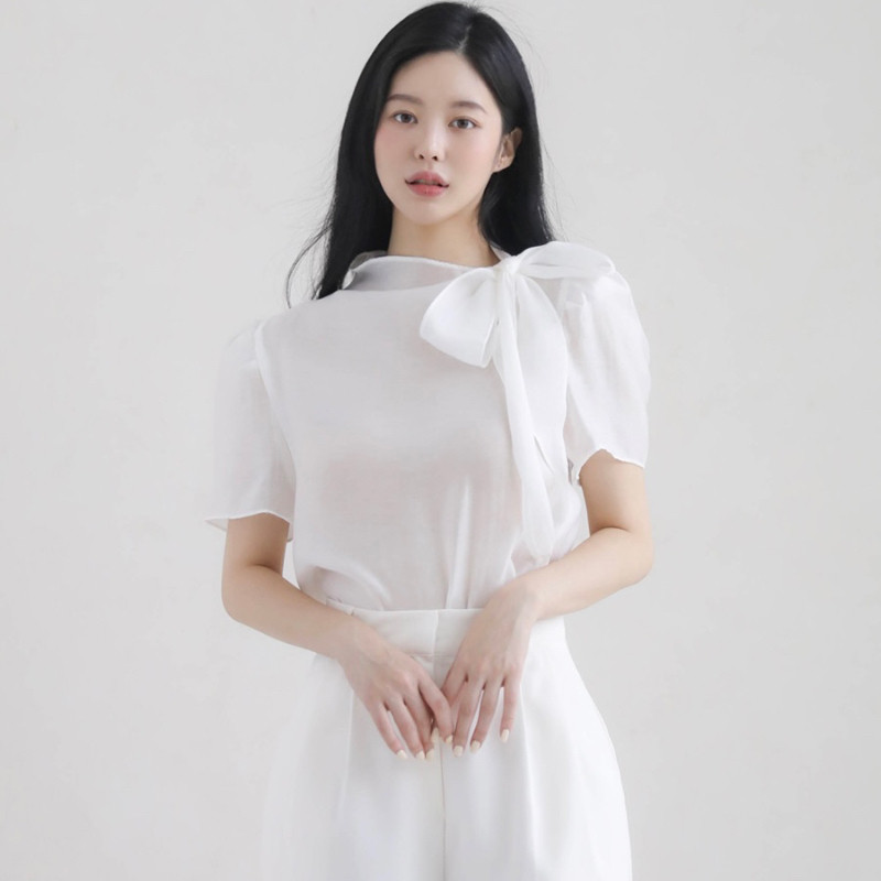 26夏季舒适天丝衬衫短袖蝴蝶结女正品韩国代购新款设计感别致上衣