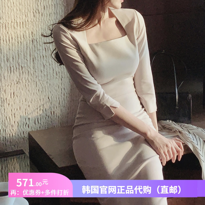 25春秋高级感气质连衣裙中袖女fromdayone韩国代购新款方领一步裙