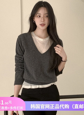 26春季v领羊毛针织衫女装reine正品韩国代购小个子短上衣百搭黑色