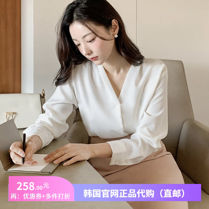 26春季百搭V领衬衫长袖雪纺衫女式attrangs韩国代购OL通勤V领上衣