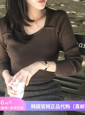 春秋设计感百搭针织衫套头方领女reine正品韩国代购打底修身上衣