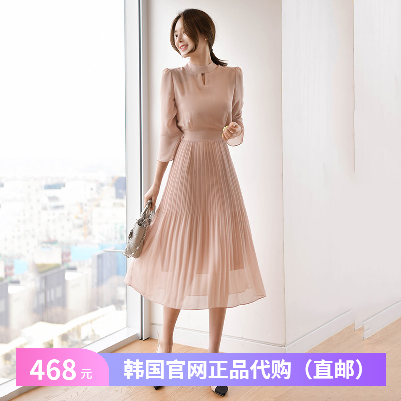 春秋雪纺连衣裙百褶女装官网韩国代购2024新款收腰气质A字长裙子