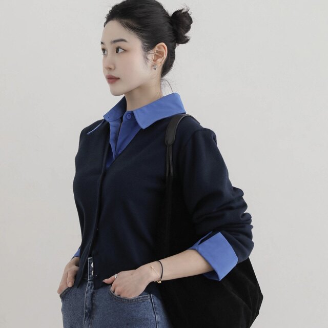 26春季知性气质针织衫开衫拼色女正品韩国代购时尚减龄毛衣短外套