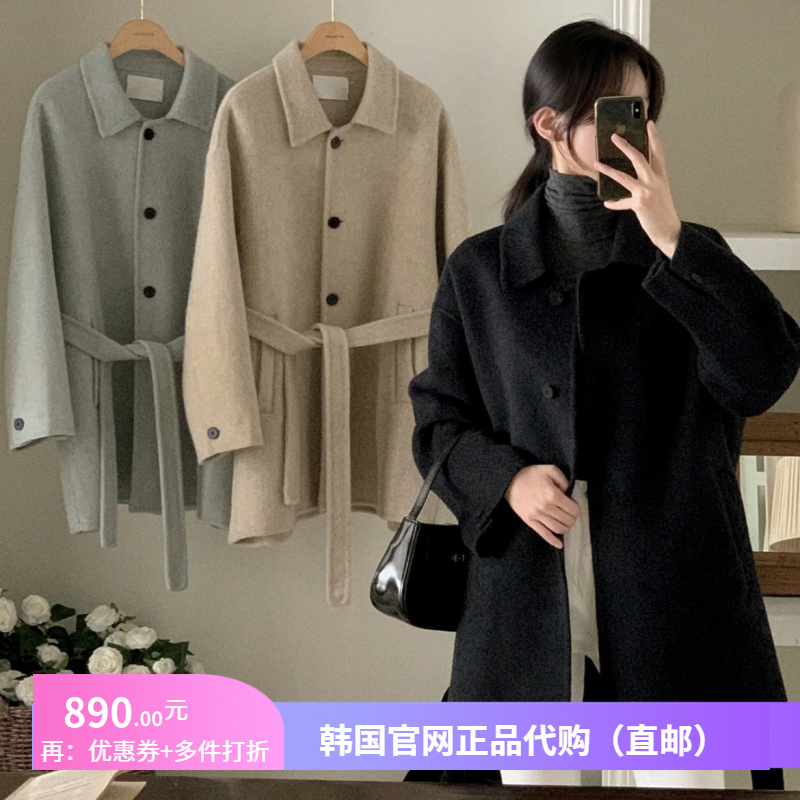 韩式甜美羊毛呢外套女装宽松简约attrangs正品韩国代购中长款大衣
