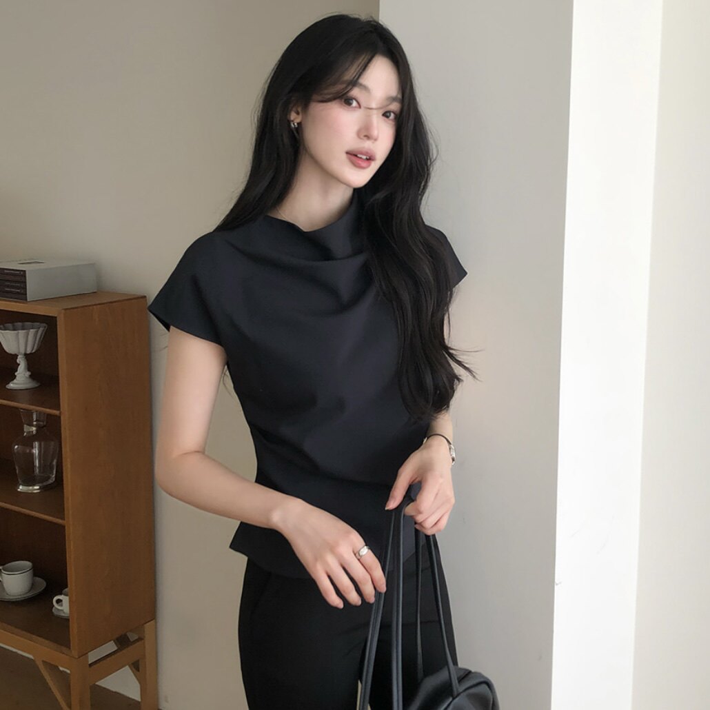 韩国正品荡领衬衫短袖减龄洋气韩式女式reine代购夏季堆堆领上衣