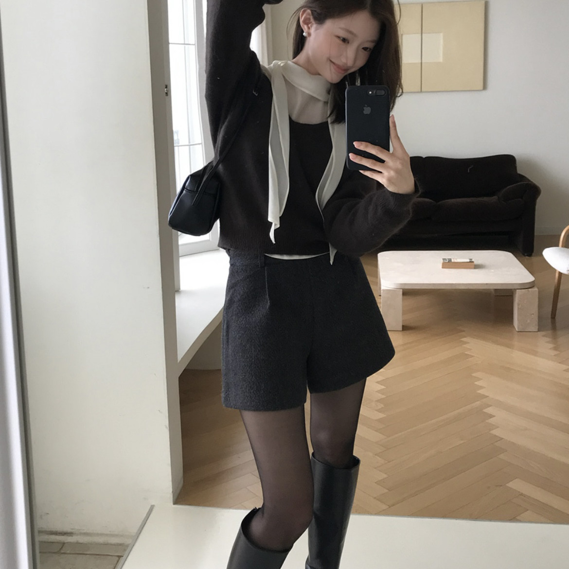 韩国reine正品粗花呢短裤三分外穿减龄时尚女官网代购秋冬靴裤裤