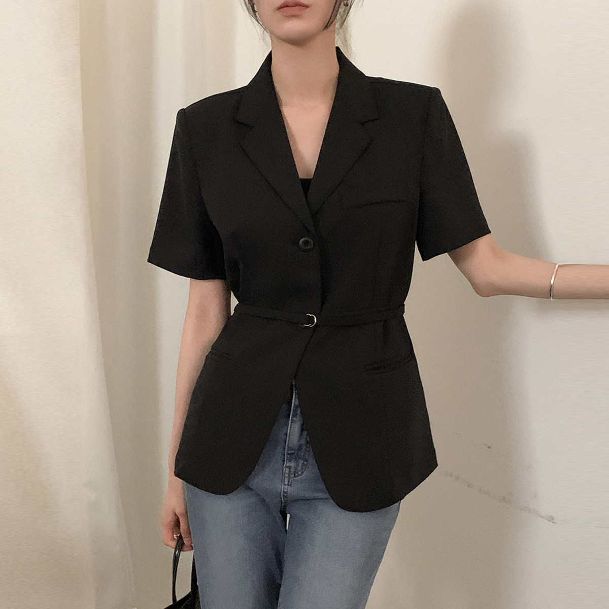 韩国正品黑色小西装外套短袖夏款