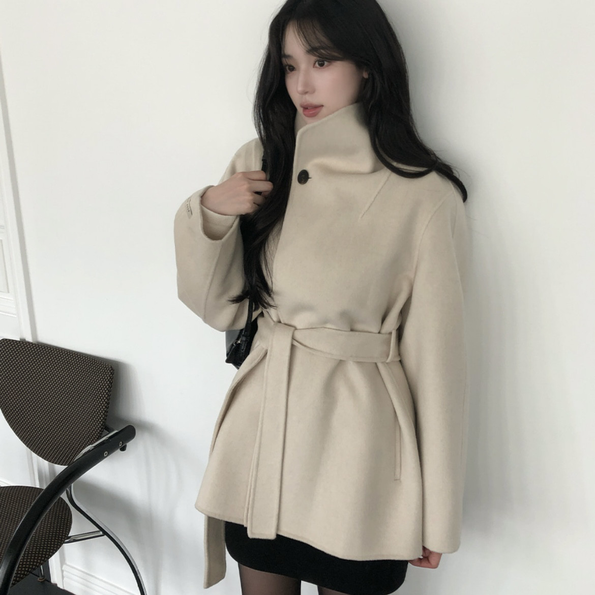 韩国reine正品高级质感羊毛呢外套宽松女装代购冬中长款手工大衣