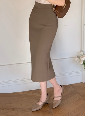 流行棕色ol通勤半身裙厚款开叉fromdayone韩国代购春秋中长款西裙