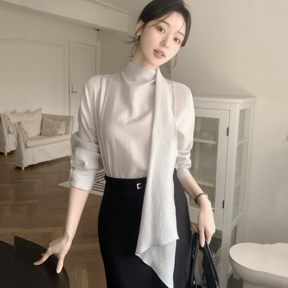 26春秋优雅丝巾系带衬衫长袖女reine正品韩国代购好看温柔风上衣