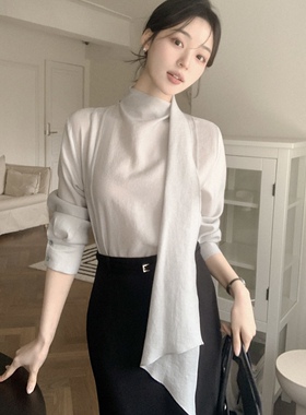 26春秋优雅丝巾系带衬衫长袖女reine正品韩国代购好看温柔风上衣