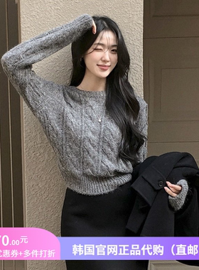 25秋冬高级感麻花纹针织衫圆领套头女装reine正品韩国代购短毛衣