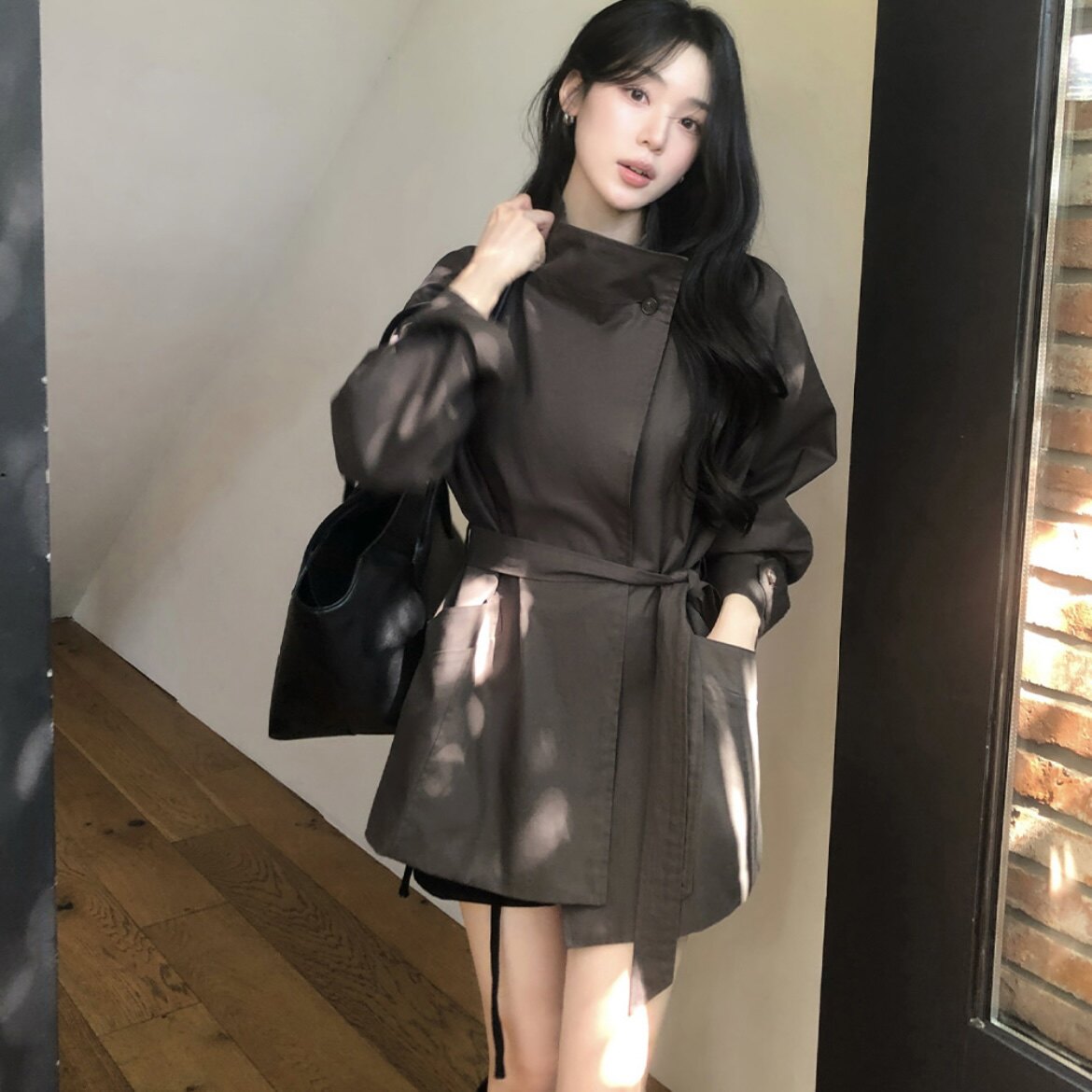 韩国reine正品高级感风衣中长款女官网代购春秋季宽松慵懒风外套