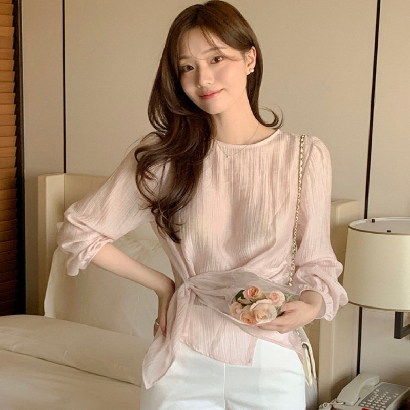 25夏季高级感天丝衬衫女韩国代购reine正品新款蝴蝶结收腰短上衣