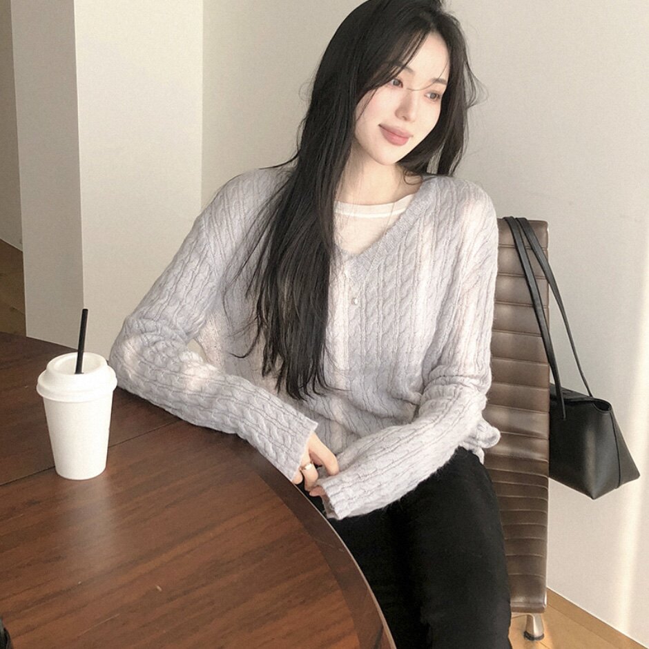26春季v领针织衫宽松慵懒风女装reine正品韩国代购韩式薄毛衣
