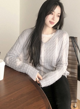 26春季v领针织衫宽松慵懒风女装reine正品韩国代购韩式薄毛衣