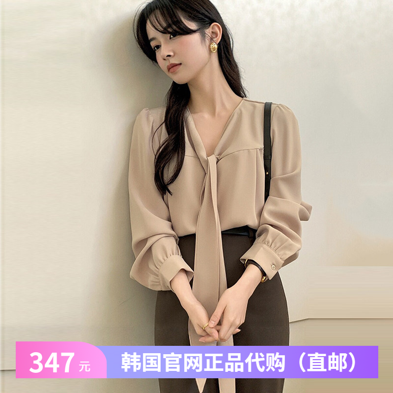 25春秋飘带v领衬衫长袖女attrangs正品韩国代购韩式打底外穿上衣