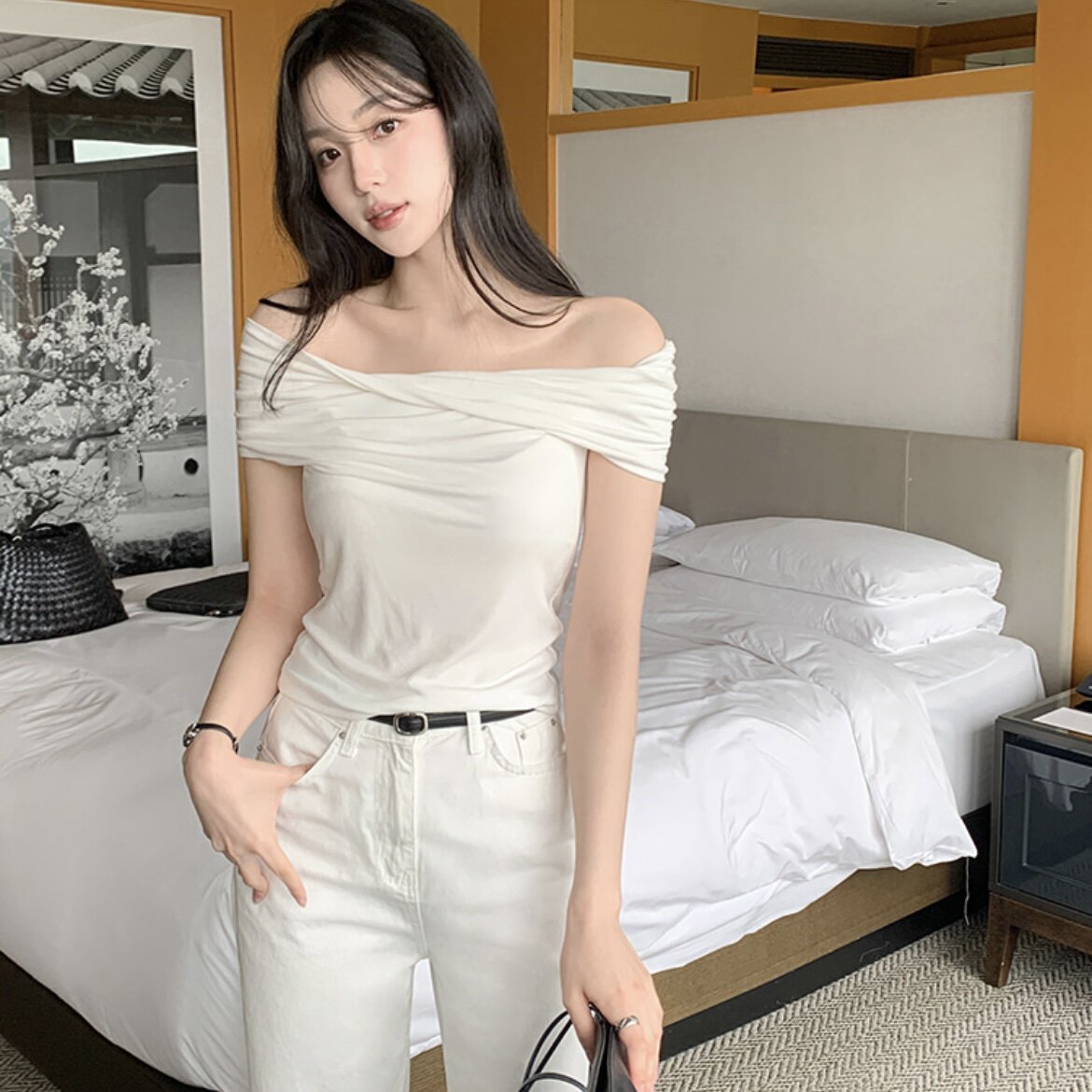 韩国官网性感露肩t恤女装reine正品代购设计感修身小码外穿短上衣