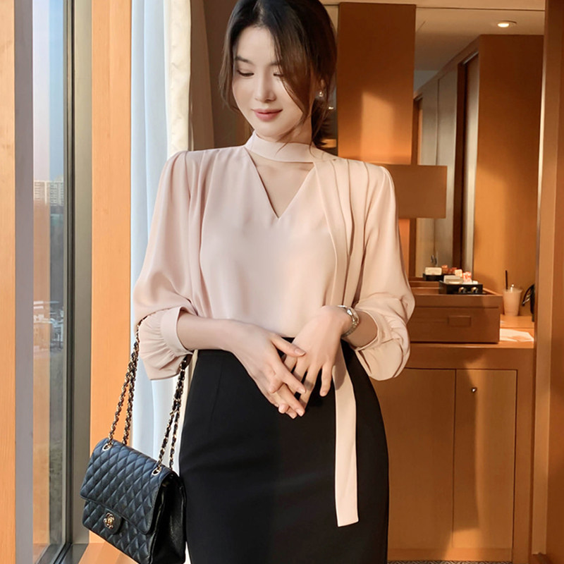 春秋长袖衬衫V领系带上衣女韩国
