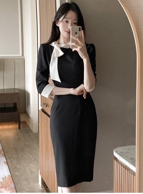 25春秋拼色系带连衣裙气质女装fromdayone正品韩国代购修身黑色裙