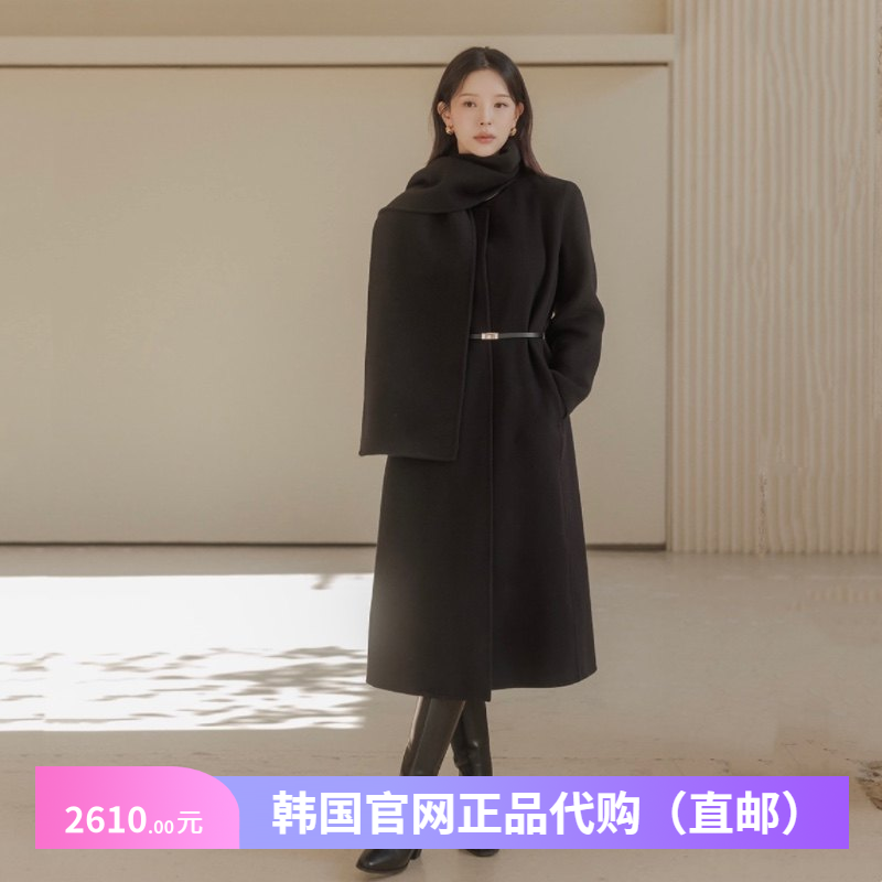 高级感黑色围巾羊绒羊毛呢大衣女装正品韩国代购优雅知性呢子大衣