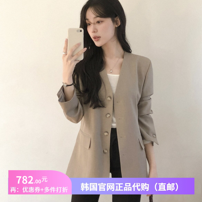 26春秋米色西装外套系带设计感女装reine正品韩国代购高档v领上衣