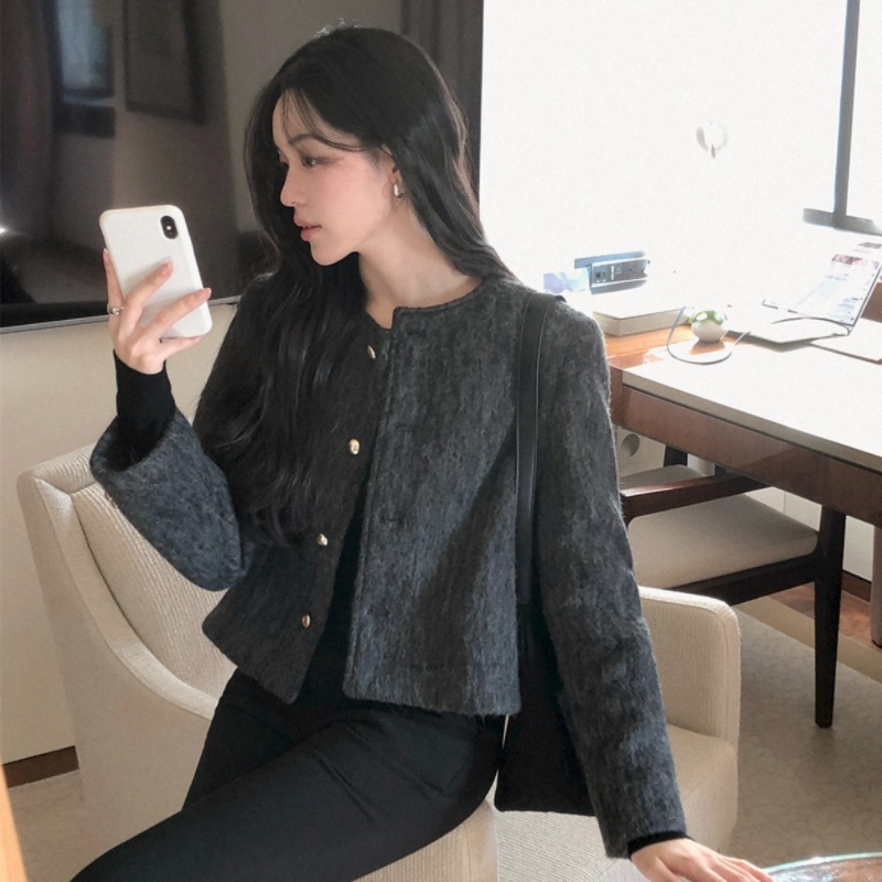 25春秋韩式羊毛呢短外套长袖女装reine正品韩国代购圆领百搭上衣