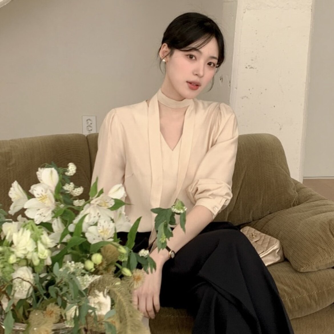 25春季系带衬衫长袖宽松女reine正品直邮韩国代购名媛公主范上衣