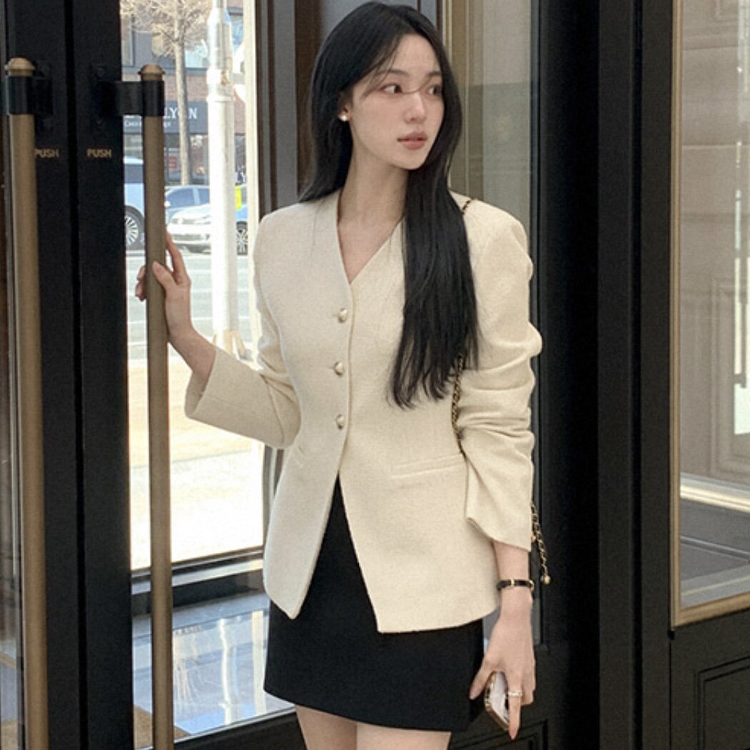 春秋高端轻奢v领西装短外套粗花呢女装reine正品韩国代购通勤上衣