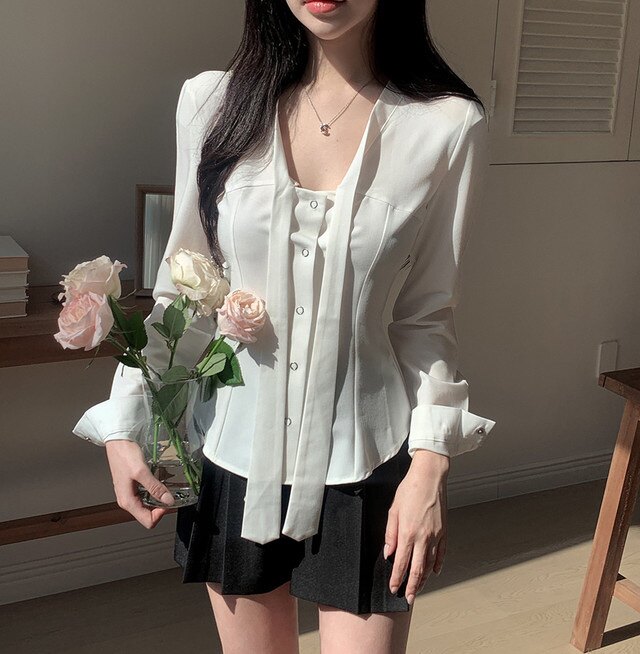 26春秋绝美系带v领衬衫长袖女正品韩国代购修身薄款打底外穿上衣