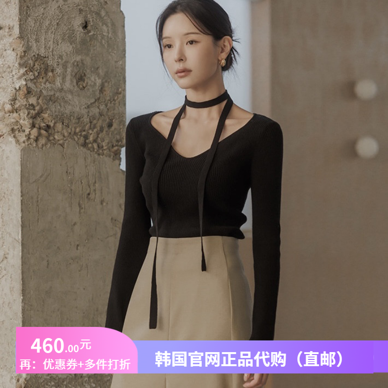 25秋冬设计感系带v领针织衫优雅气质女装正品韩国代购修身短毛衣