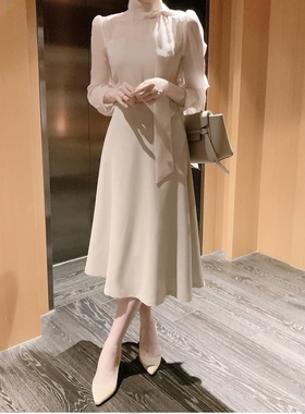 25春秋时尚温柔风连衣裙飘带领fromdayone正品韩国代购收腰a字裙