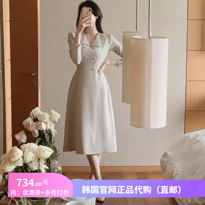 高级设计感小尖领连衣裙收腰女装fromdayone韩国代购春秋a字长裙