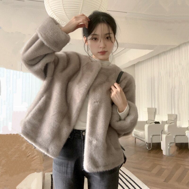 高级感仿皮草短外套韩式女装reine正品韩国代购慵懒风毛绒短大衣