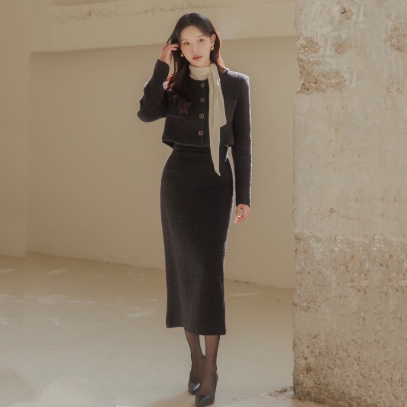 春秋冬季高档粗花呢连衣裙套装女正品韩国代购气质通勤羊毛呢裙子
