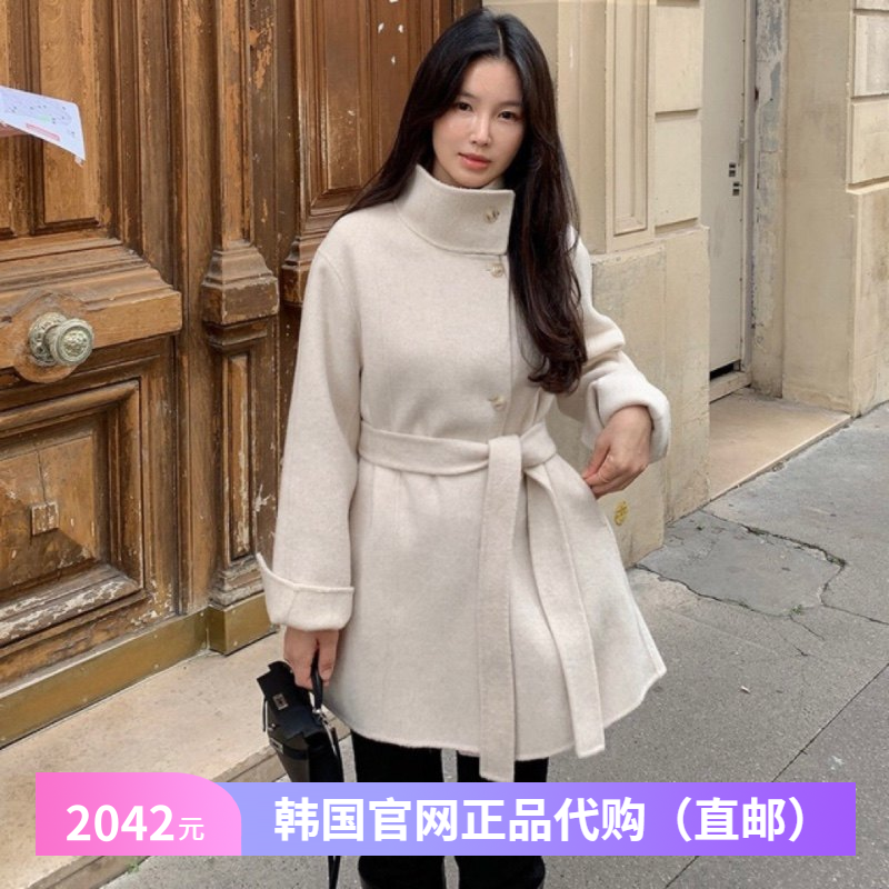 韩式时尚羊毛呢外套女装正品韩国代购新款宽松系带中长款呢子大衣