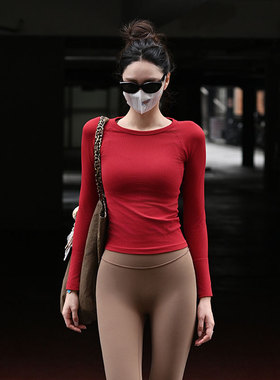 Beemen瑜伽服女上衣外穿速干圆领打底秋冬季跑步健身裸感运动长袖