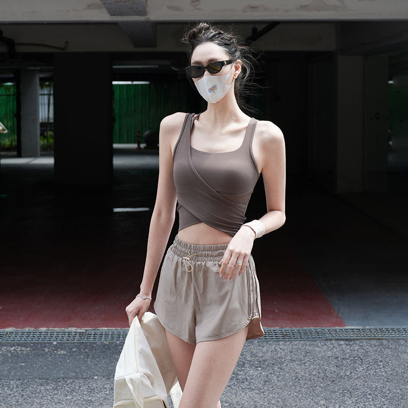 Beemen裸感固定杯运动背心女外穿透气健身镂空肩带夏季瑜伽服上衣