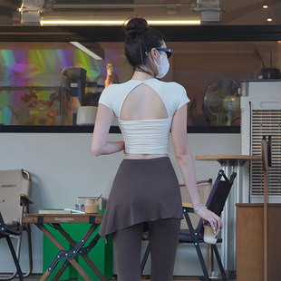 Beemen瑜伽服女外穿运动上衣显瘦收腰镂空美背网纱健身短袖 T恤夏