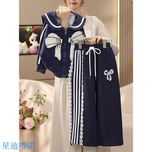 女孩蝴蝶結(jié)闊腿褲 女童海軍領(lǐng)衛(wèi)衣套裝 春秋2025新款 兒童春裝 兩件套