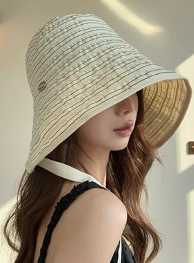 夏季条纹大头围显脸小渔夫帽子女