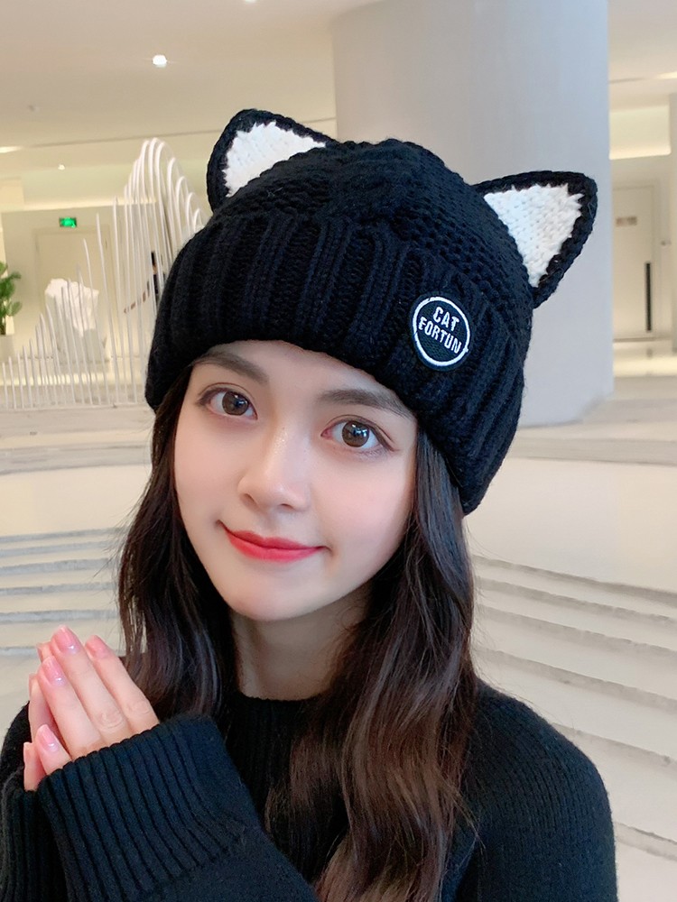 显脸小猫耳朵针织毛线加绒保暖帽