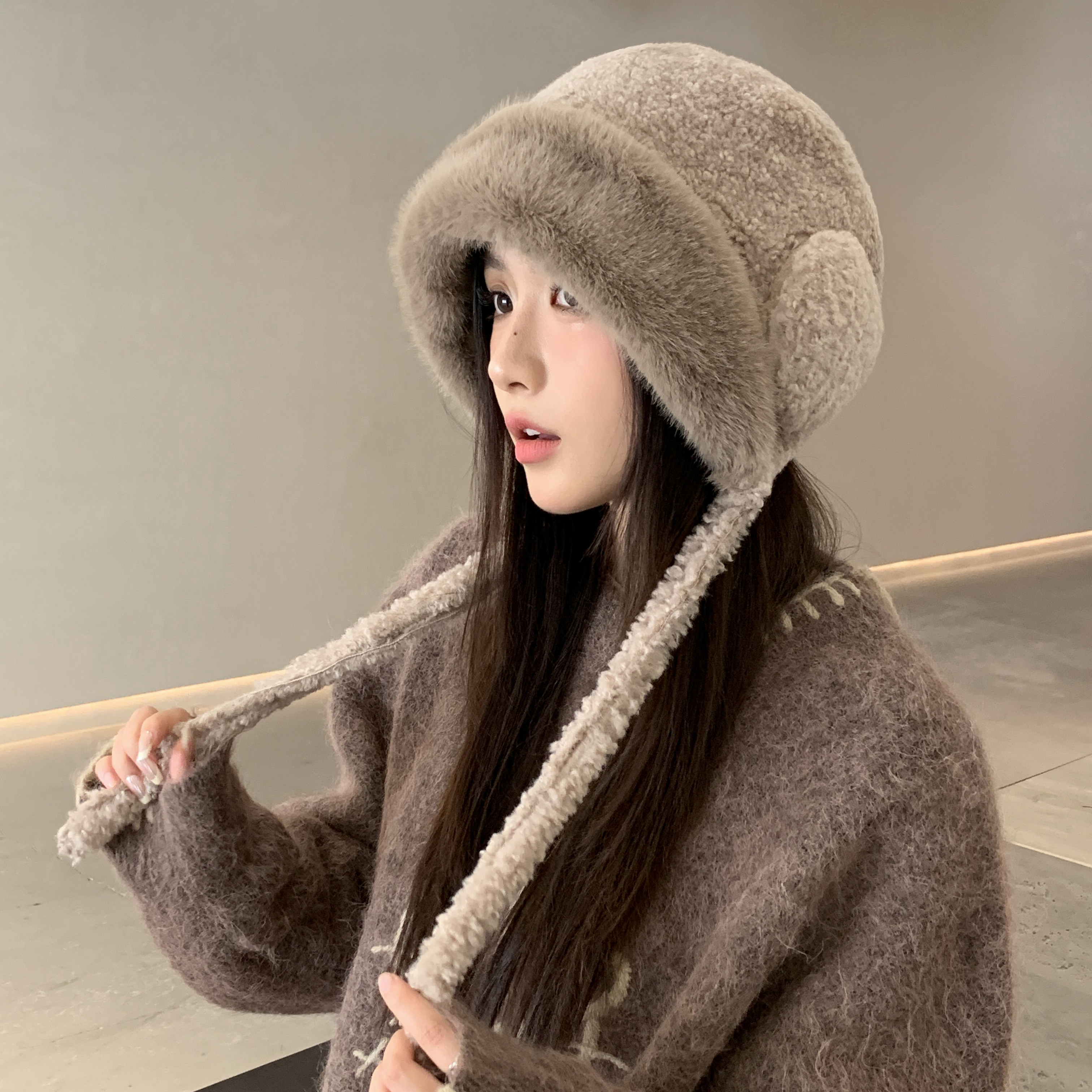 帽子女冬季2025新款显脸小加绒加厚保暖护耳帽大头围毛茸茸针织帽