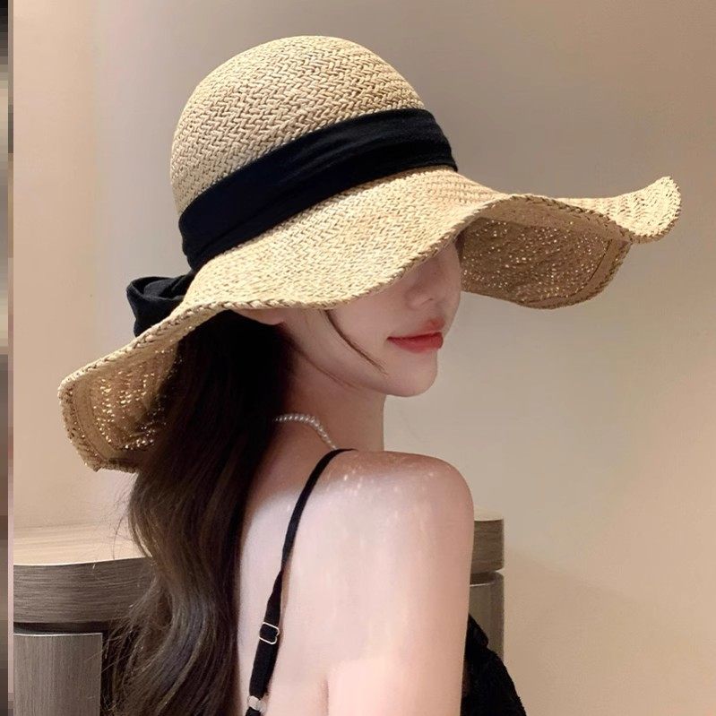 法式气质草帽女夏季大帽檐显脸小海边度假沙滩帽编织遮阳防晒帽子