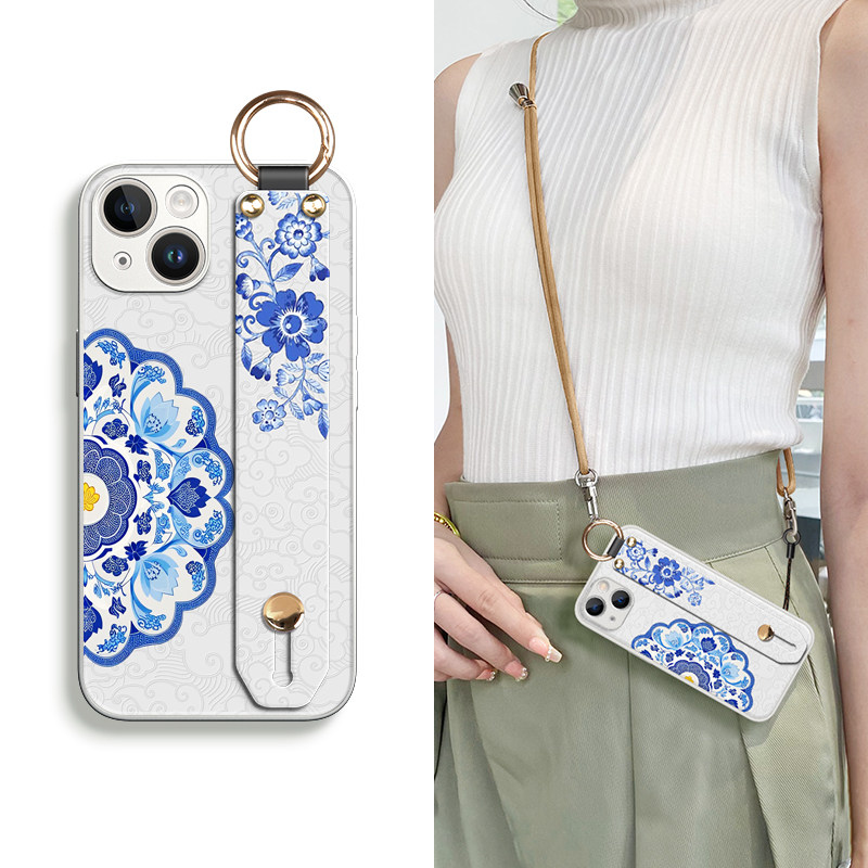 适用于苹果iphone16腕带支架新中式手机壳15plus女14promax斜跨挂绳可背挂13青花瓷12防摔全包边框国风新款