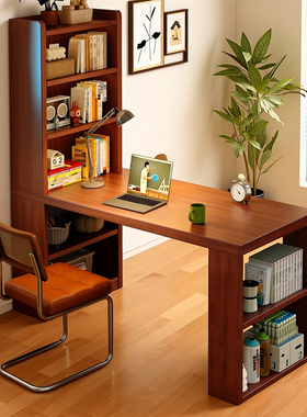 实木书桌书架一体家用学生写字桌简约转角电脑桌带抽屉储物办公桌
