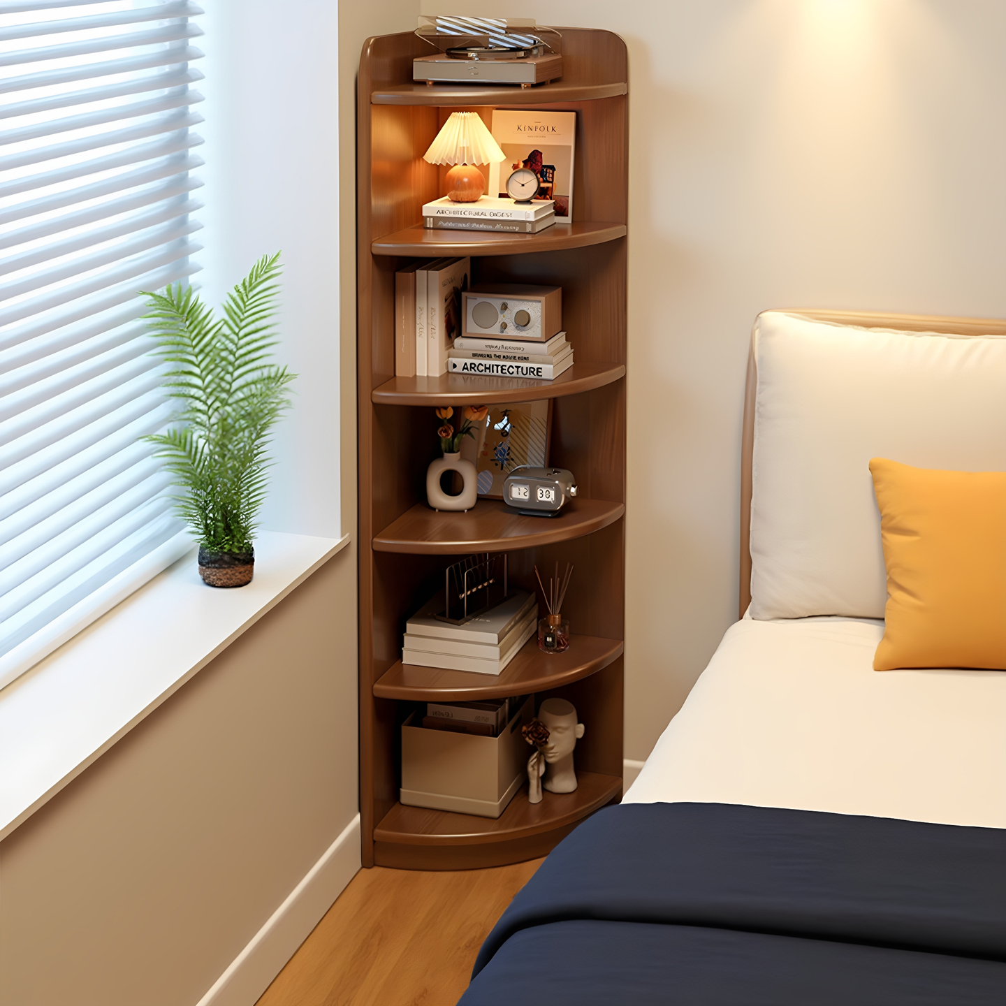 全实木角柜胡桃木色落地储物柜床头边柜收纳柜子三角扇形靠墙窄柜