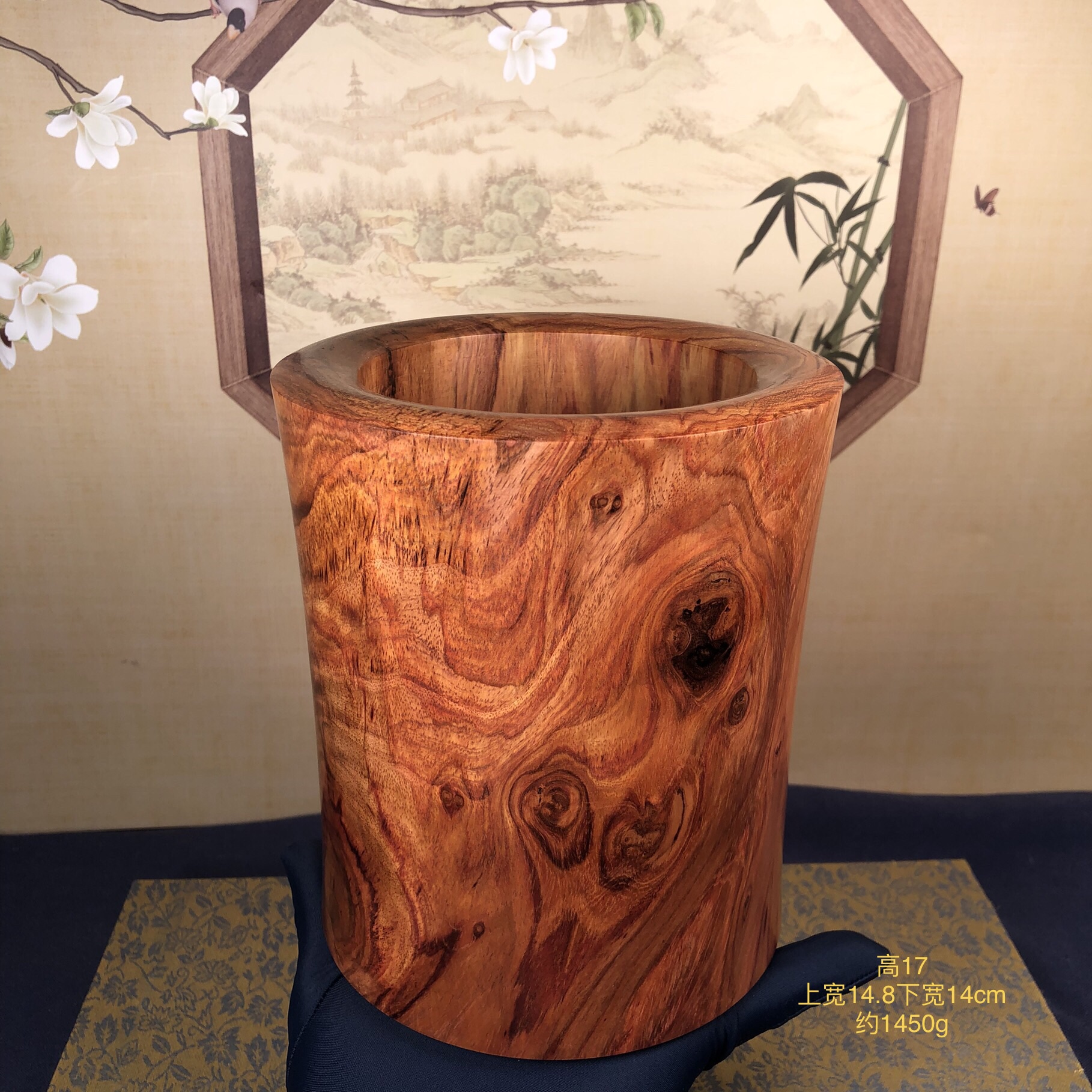 正宗海南黄花梨木油梨满大鬼脸鬼眼水波山水纹笔筒收藏送礼品摆件